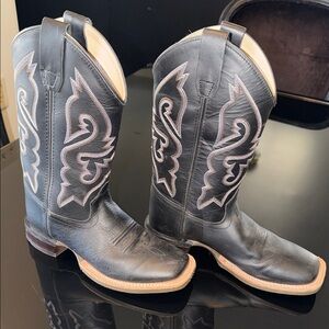 Black Leather Square-Toe Western Boots with Tan Welt